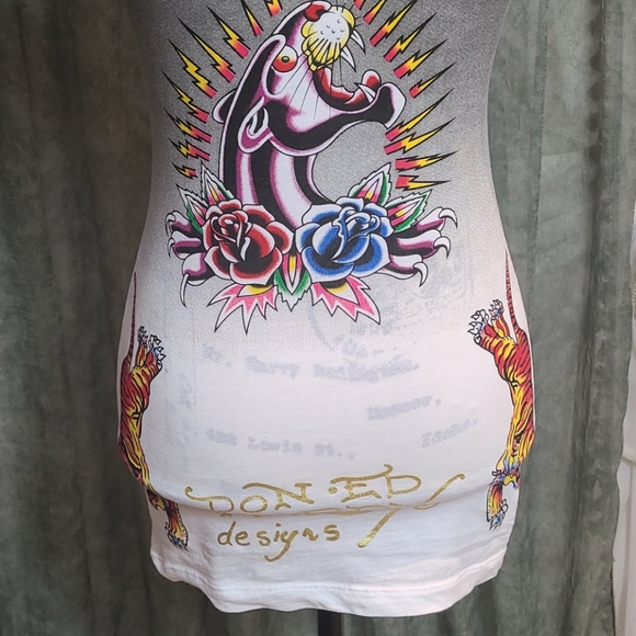 Ed Hardy extra long tee with logo and crystals Med - Picture 9 of 16